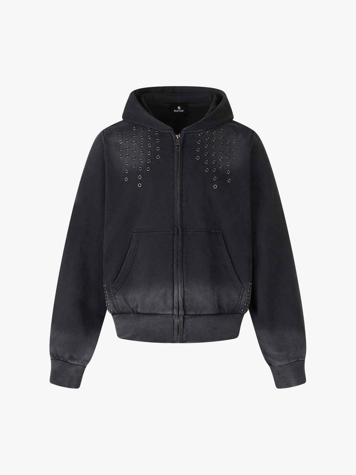 Distressed Grommet Cross Pattern Zip-Up Hoodie
