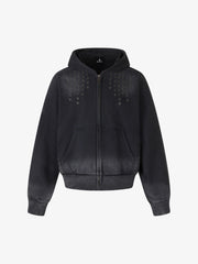 Distressed Grommet Cross Pattern Zip-Up Hoodie