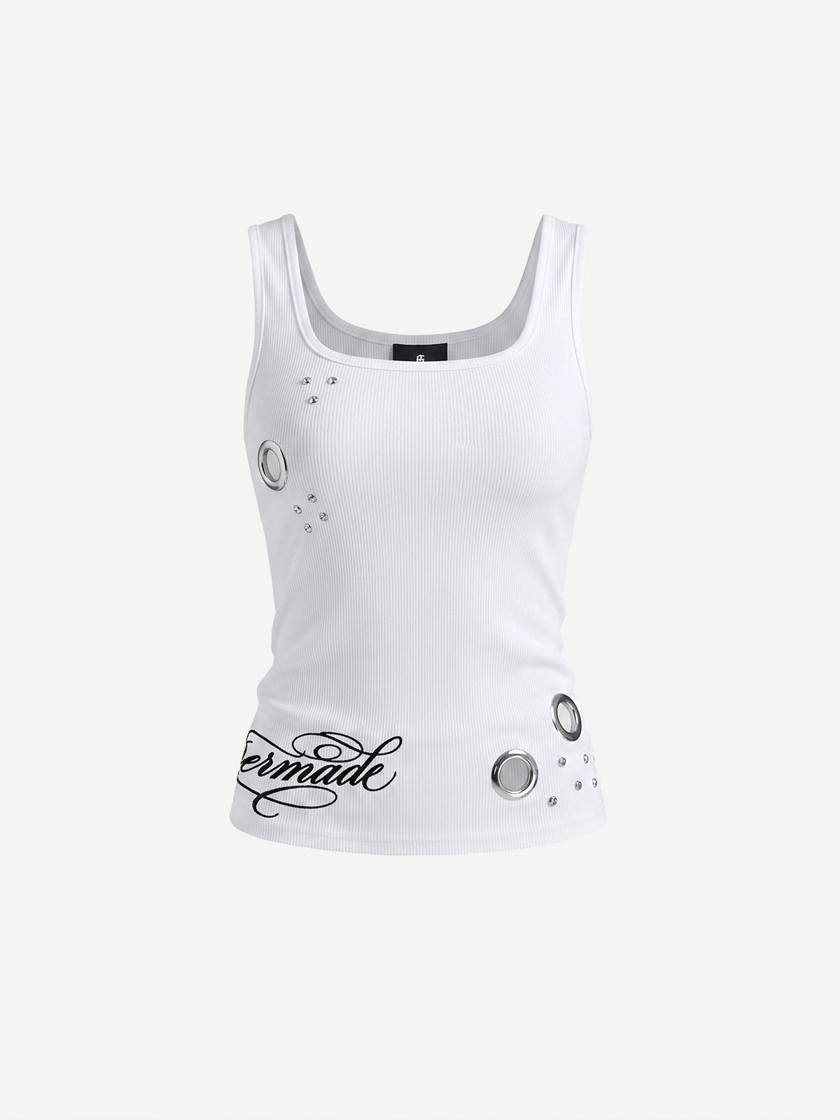 Letter Embroidered Rhinestone Eyelet Ribbed Tank Top