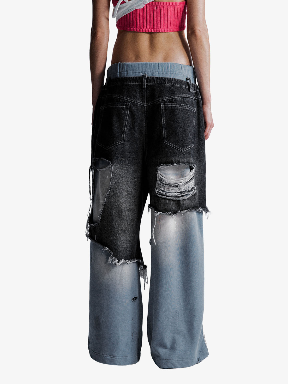 Double-waistband Denim Patchwork Ripped Casual Pants 