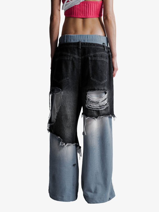 Double-waistband Denim Patchwork Ripped Casual Pants 