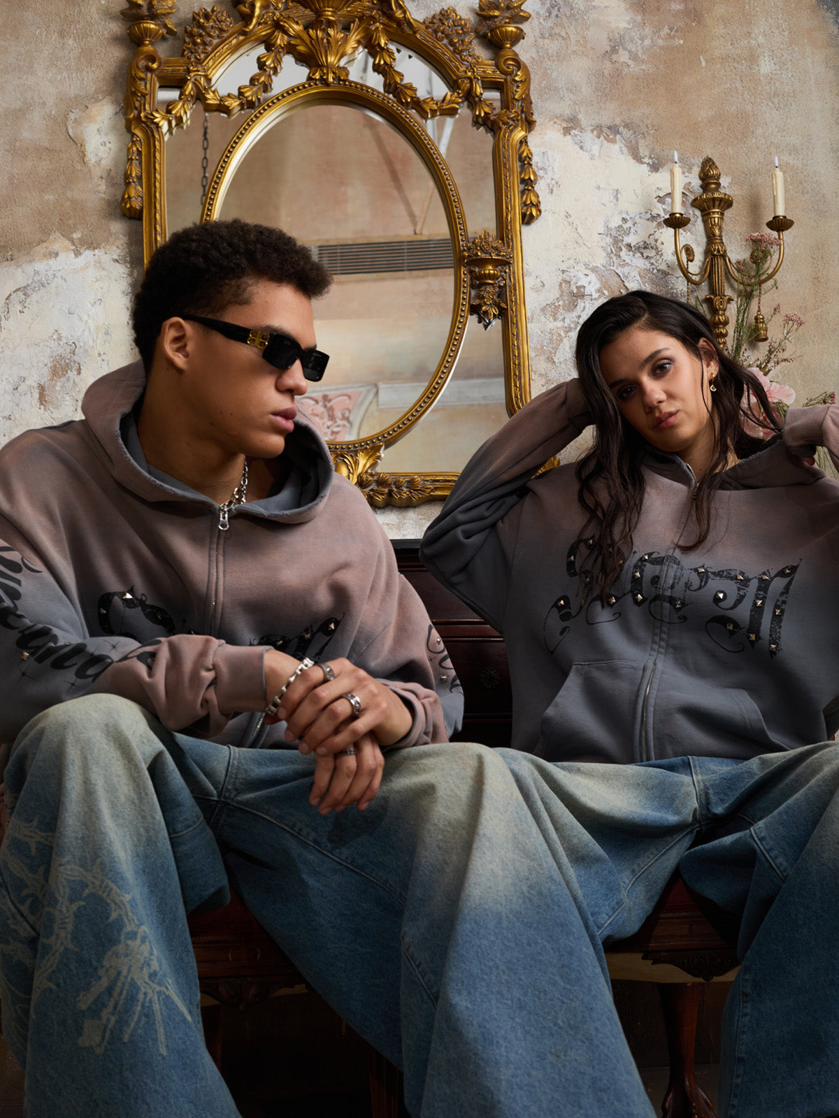 Supermade Vintage Distressed Studded Gothic Font Zipper Sweatshirt 