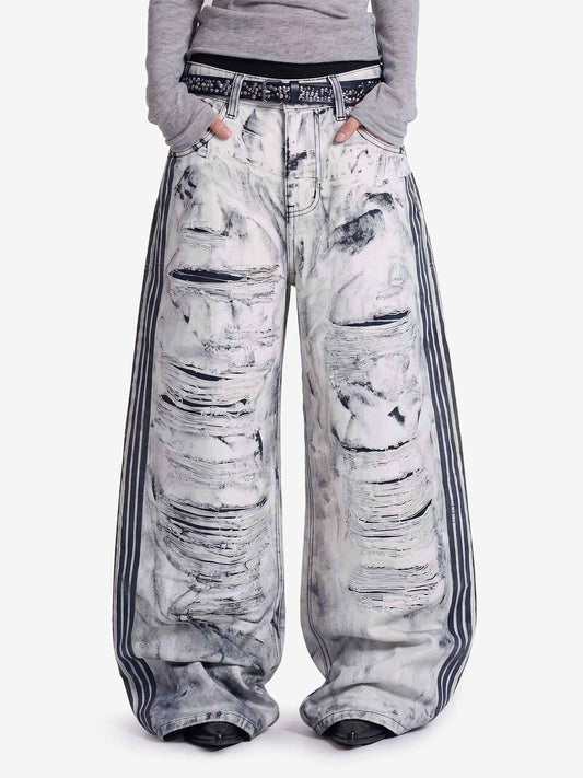 Thesupermade Distressed Destroyed Striped 3D Print Jeans