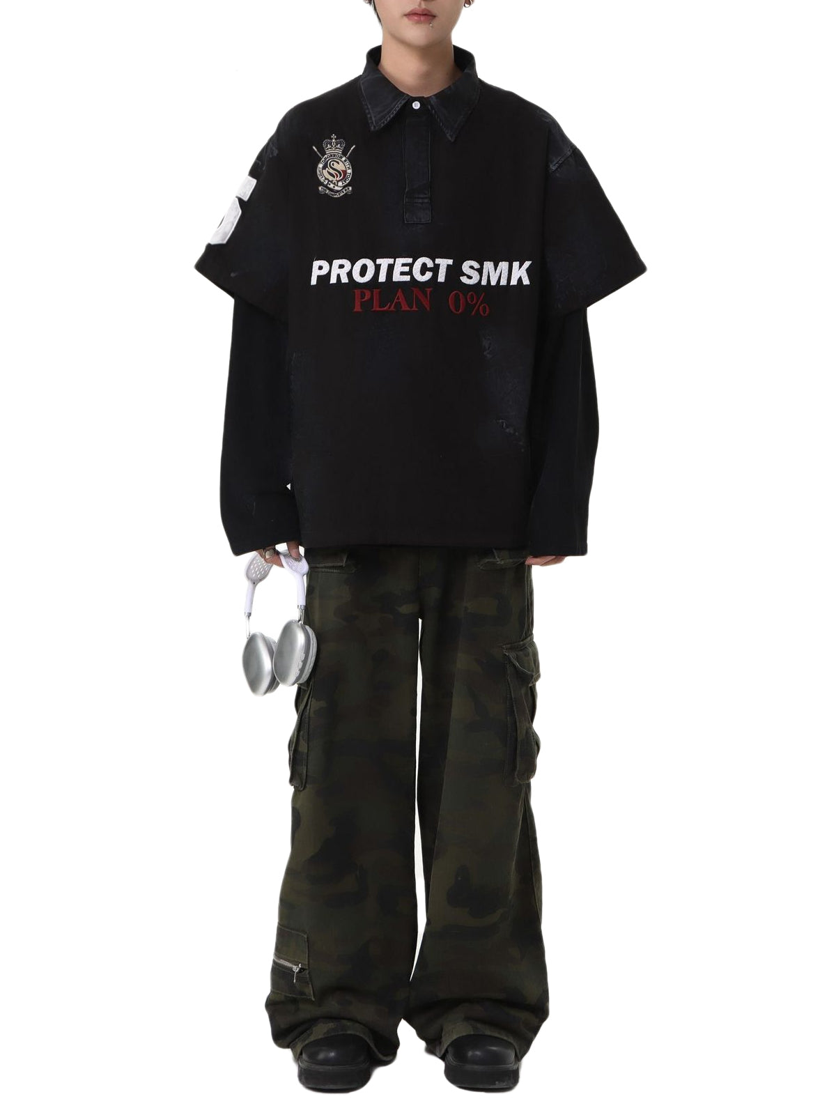 Jersey Faux Two-piece Embroidery Polo Collar Sweatshirt 