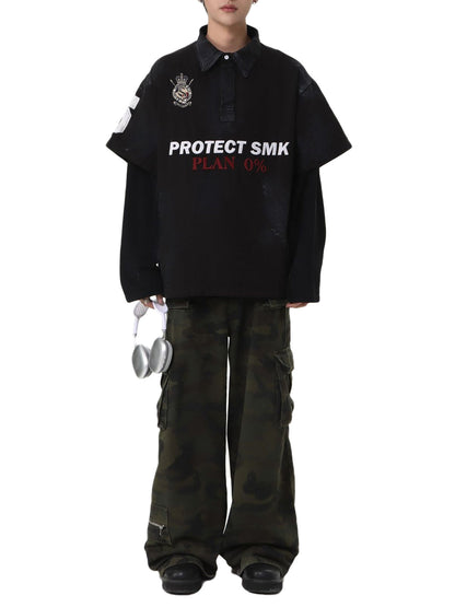 Jersey Faux Two-piece Embroidery Polo Collar Sweatshirt 