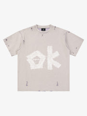 "OK" Patch Color-Block Ripped Reversible T-Shirt 