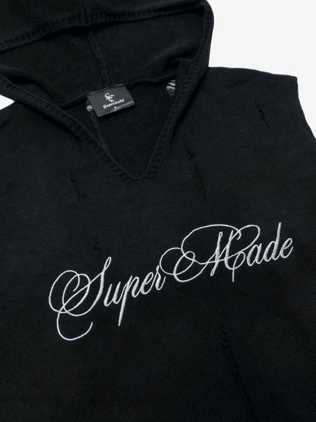 Distressed Embroidered Hooded Knit Vest