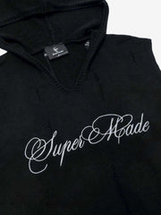 Distressed Embroidered Hooded Knit Vest