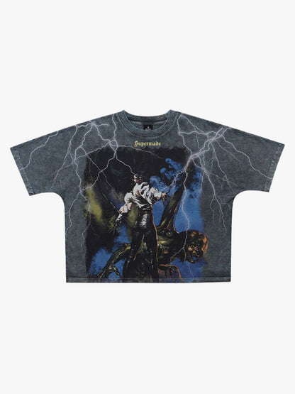 300G Jade Pattern Dyed Cotton T-Shirt with Lightning Graphic Print Oversized Streetwear Tee 