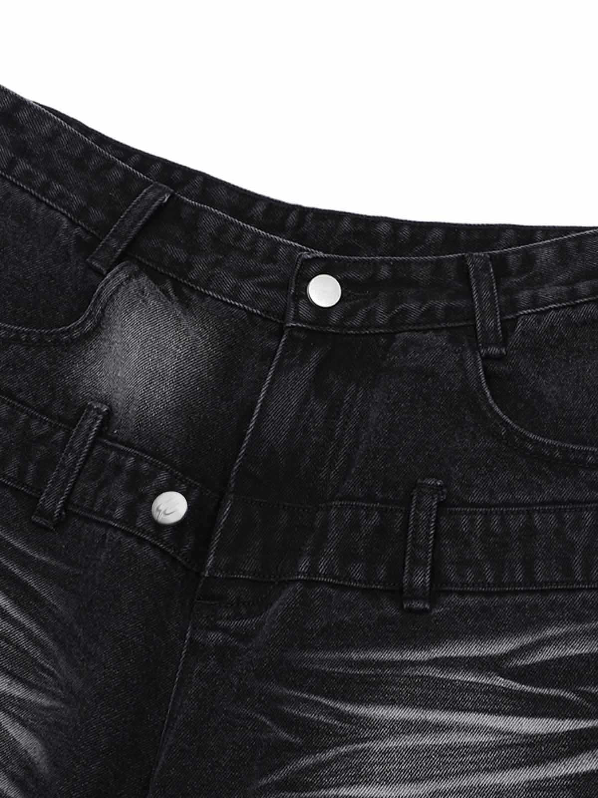 Distressed Washed Workwear Denim Shirt And Jorts Set 