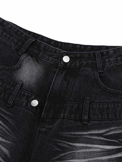 Distressed Washed Workwear Denim Shirt And Jorts Set 