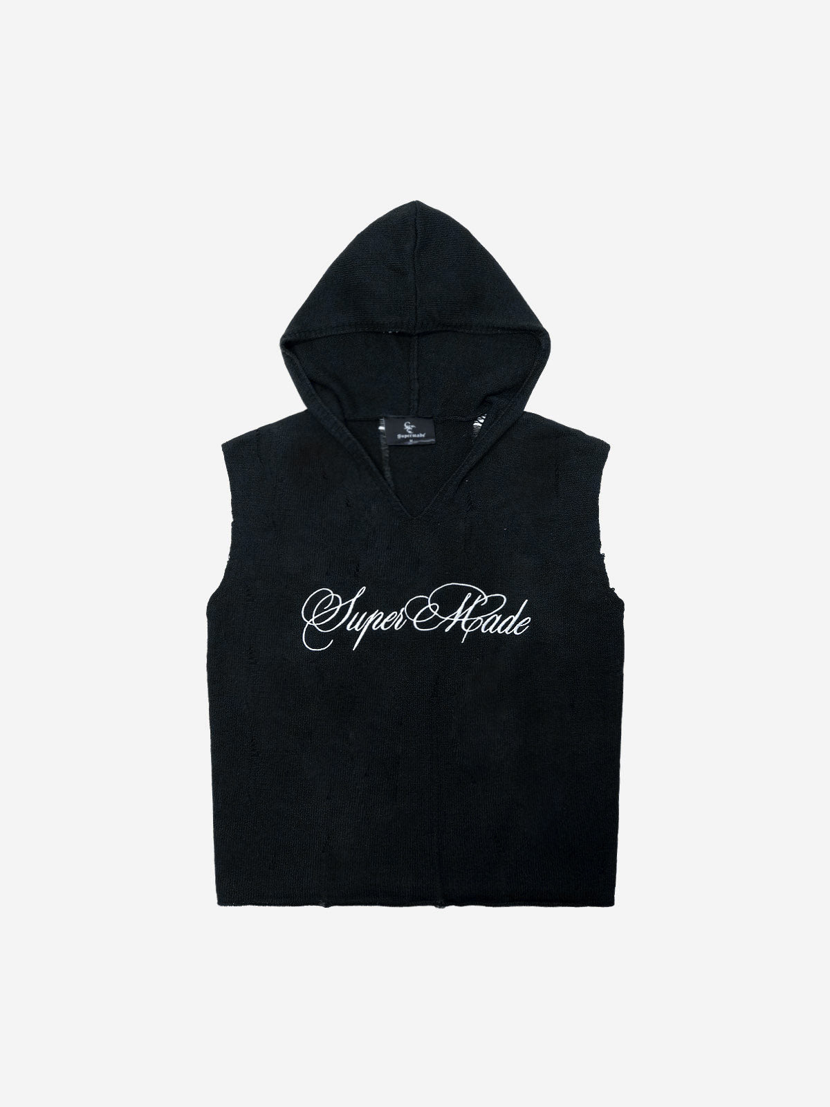 Distressed Embroidered Hooded Knit Vest