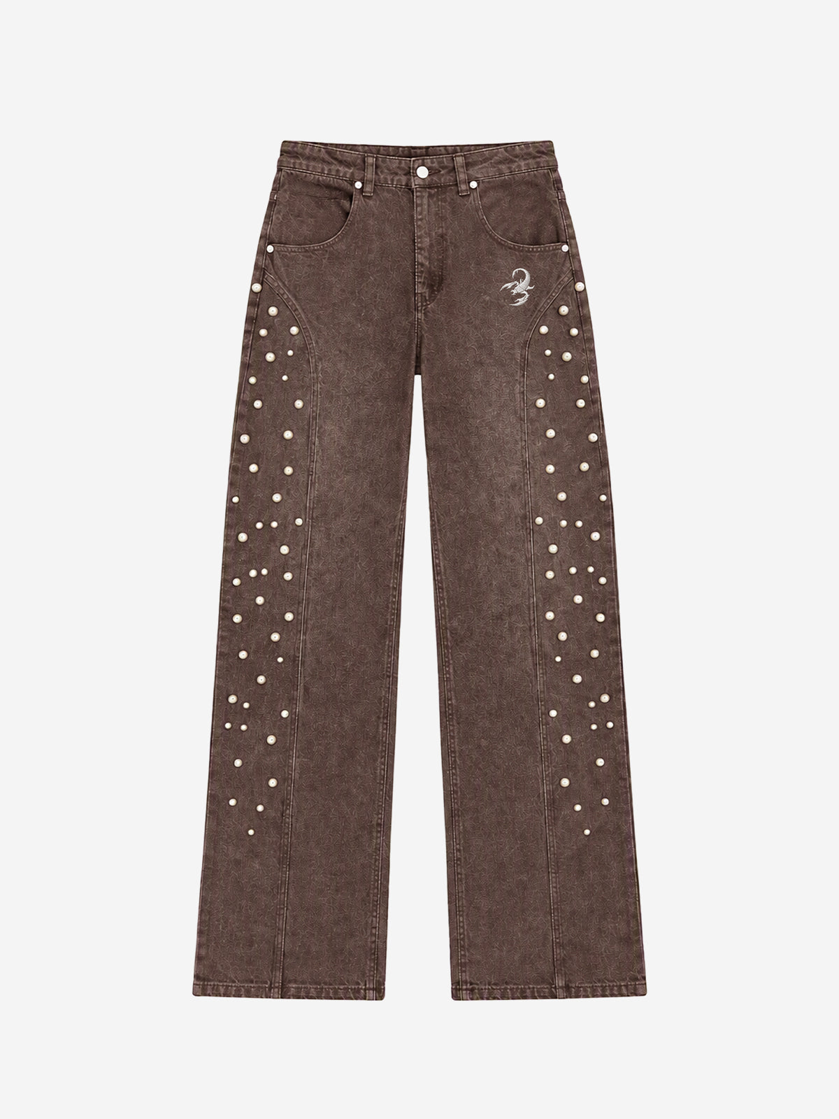 Scorpion Embroidered Pearl-Studded Distressed Straight-Leg Jeans