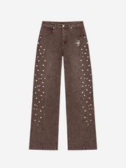 Scorpion Embroidered Pearl-Studded Distressed Straight-Leg Jeans