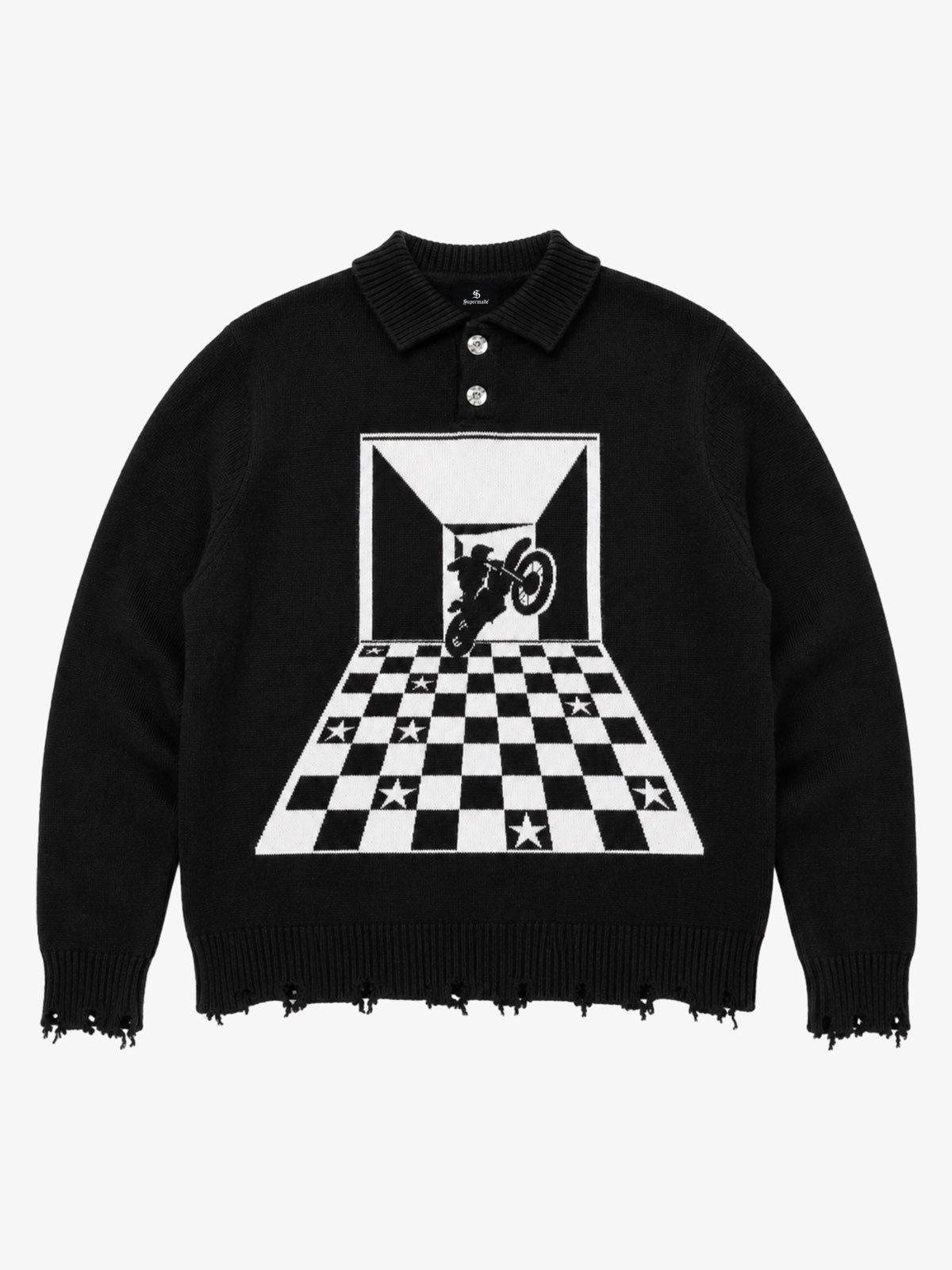 Checkered Jacquard Collar Motorcycle Knit Sweater