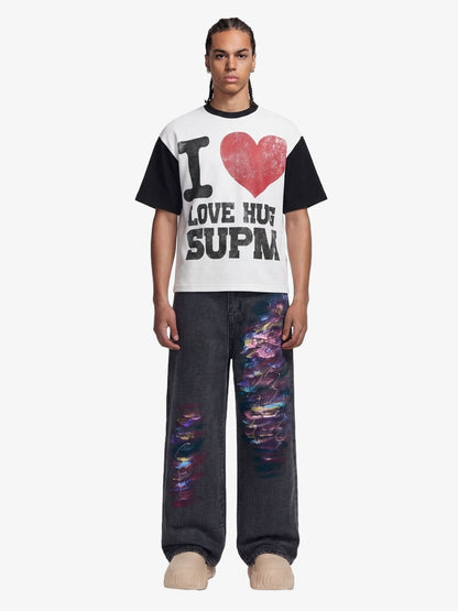 Heart Slogan Graphic Contrast Sleeve Waffle Knit T-Shirt 