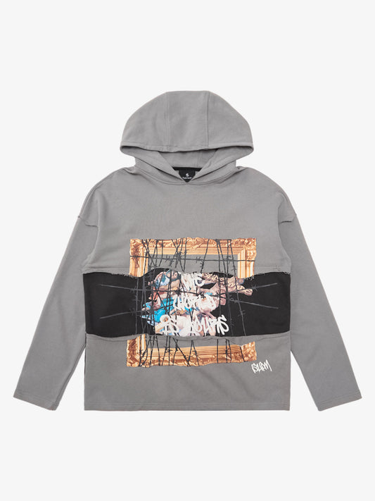 Thorn Destruction Graffiti Curled Hem Print Hoodie 