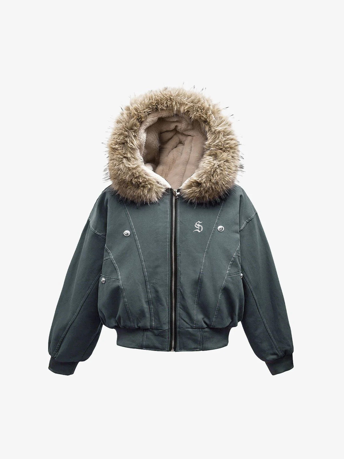 Faux Fur Lined Zip Up Hooded Bomber Jacket 