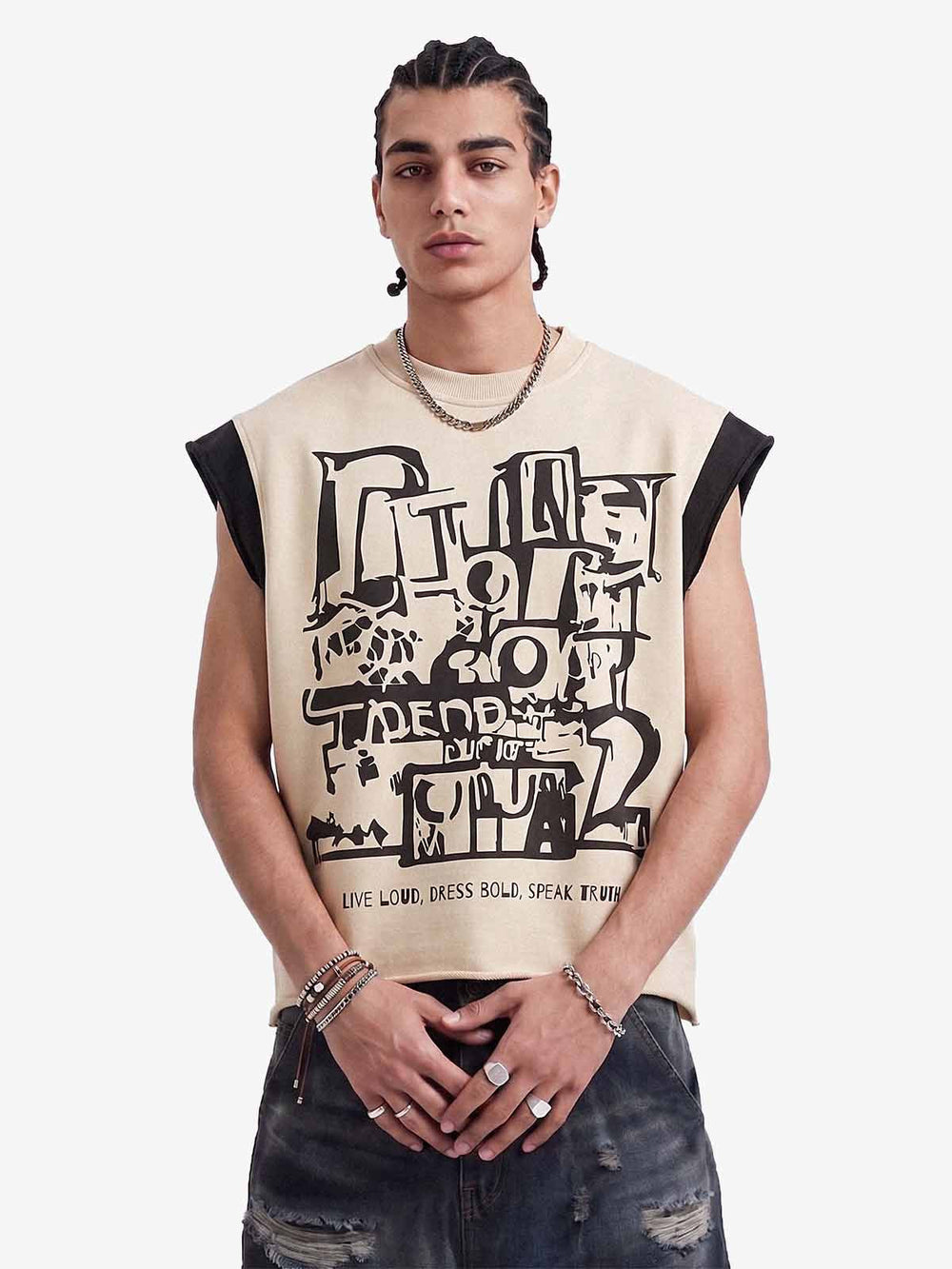 Graffiti Graphic Contrast Trim Raw Edge Sleeveless T-Shirt 