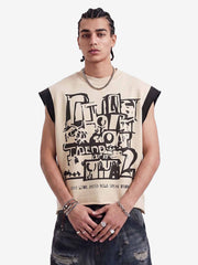 Graffiti Graphic Contrast Trim Raw Edge Sleeveless T-Shirt 