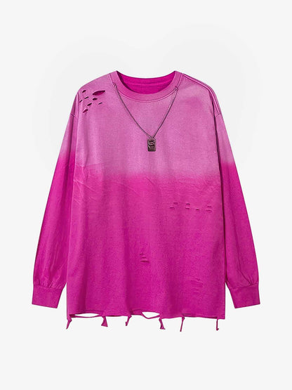 Gradient Hole Contrast Color Long Sleeve T-Shirt 