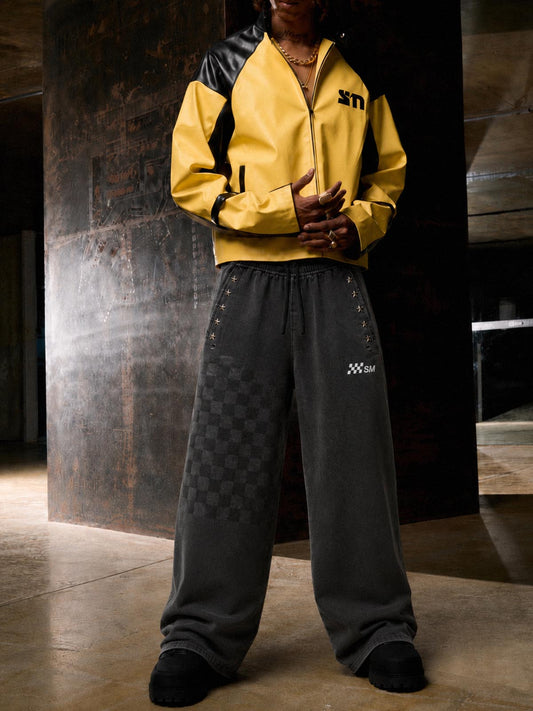 Star Studded Checkerboard Washed Wide-Leg Sweatpants