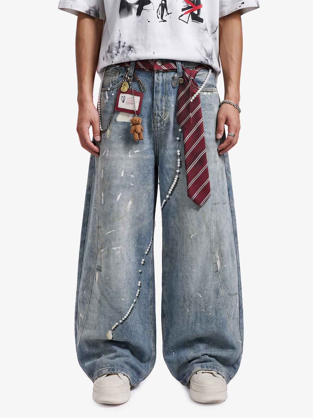 Tie Graphic Print Vintage Wash Wide Leg Denim Jeans 