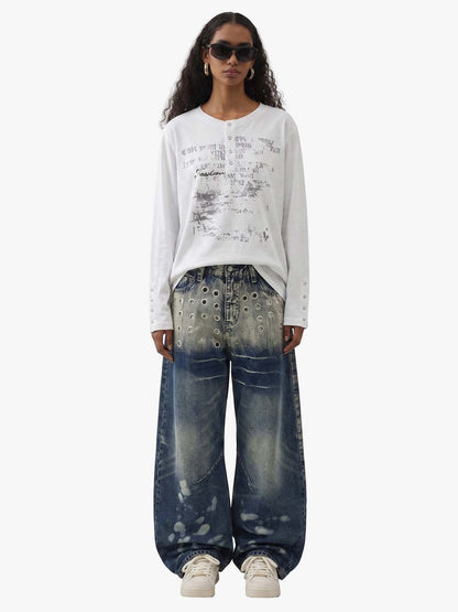 Multi-Eyelet Distressed Gradient Baggy Jeans 