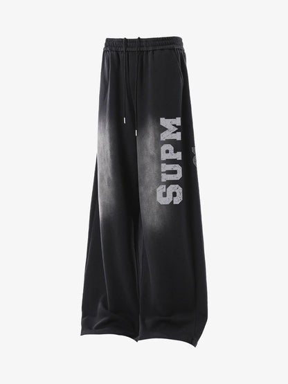 French Terry Distressed Gradient Drawstring Wide Leg Pants 