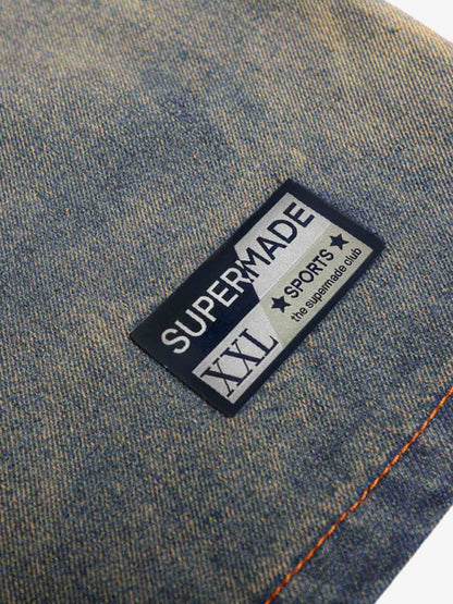 Denim Vintage Washed Distressed Gradient Embroidery T-Shirt 