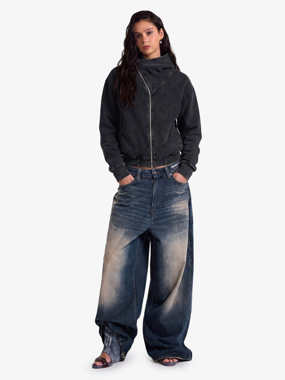 Used-Look-Kapuzenjacke mit asymmetrischer Knopfleiste und Reißverschluss