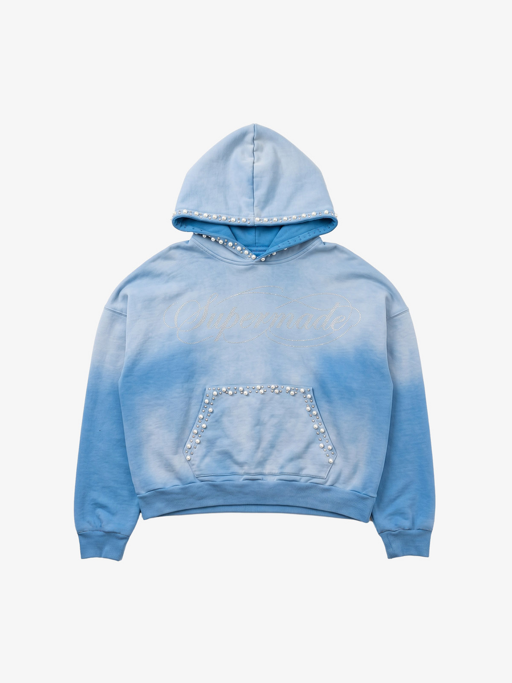 Gradient Washed Distressed Rhinestone And Pearl Hoodie