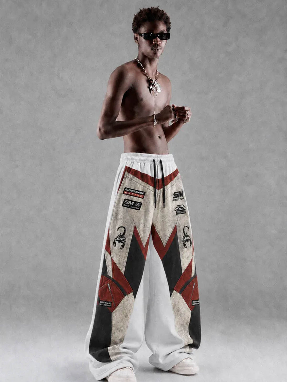 3D Biker Graphic Washed Distressed Wide-Leg Sweatpants