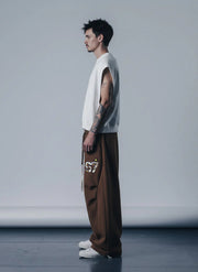 Retro Double-Waist Leopard Patch Barrel Pants - 2564 