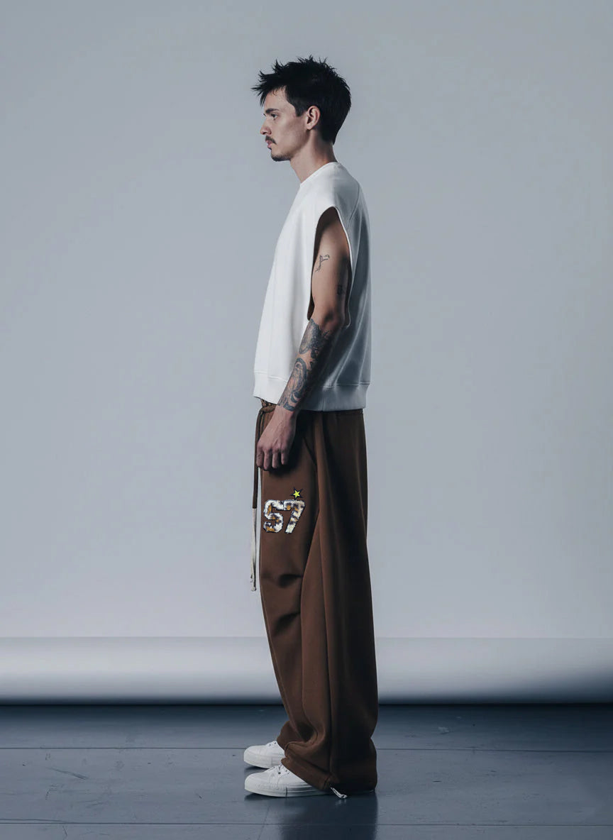 Retro Double-Waist Leopard Patch Barrel Pants 