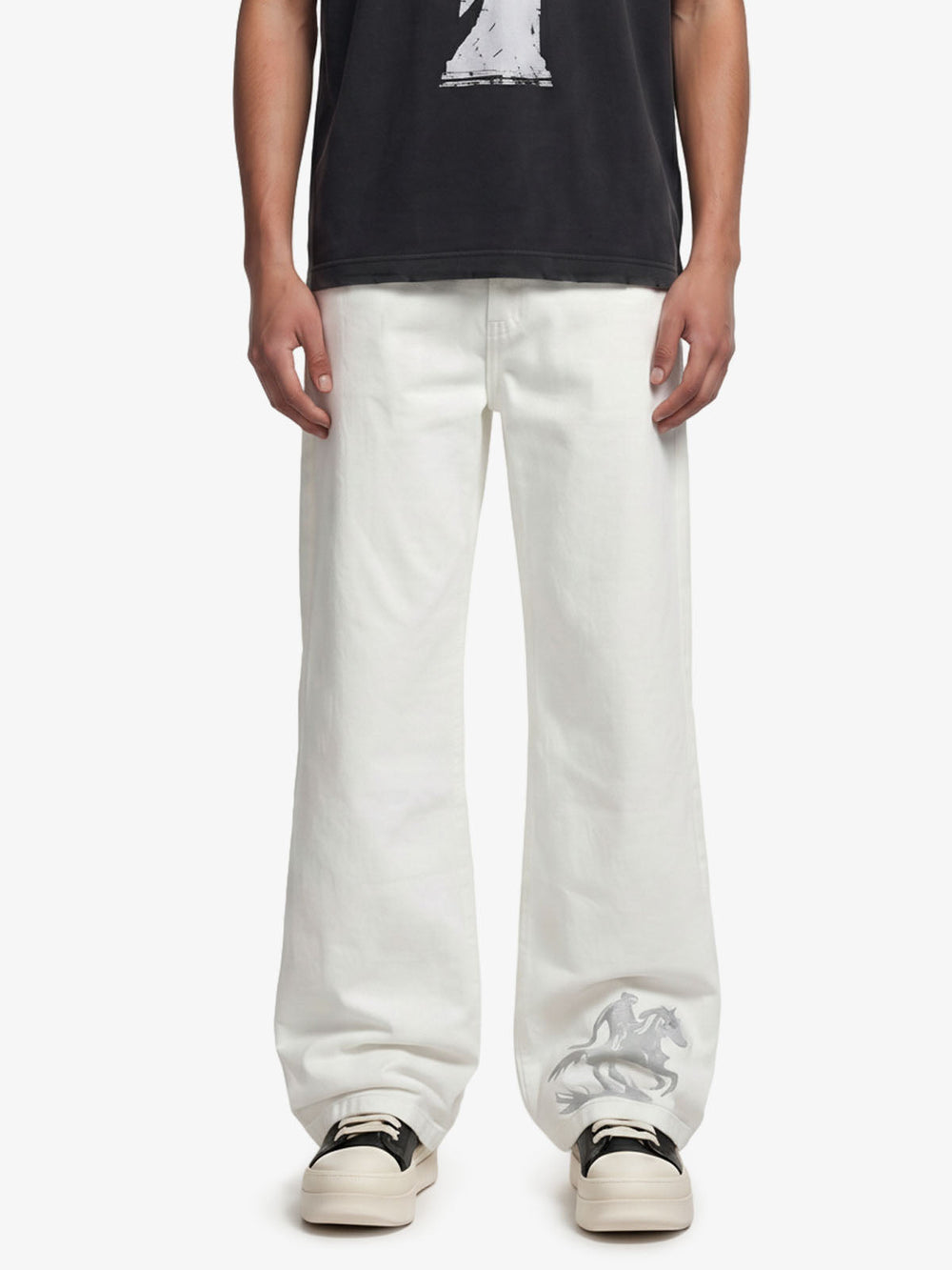 Embroidered Horse Wide Leg Denim Flare Jeans 