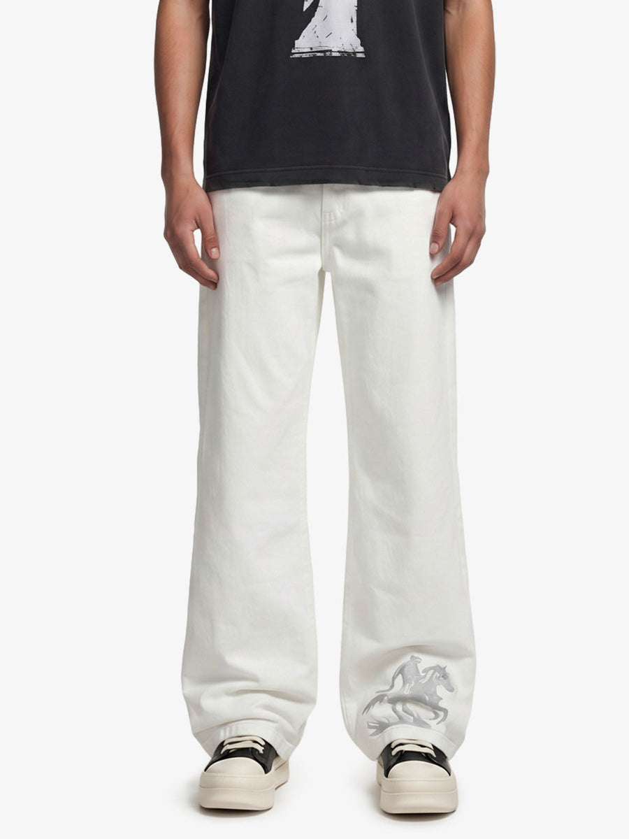Embroidered Horse Wide Leg Denim Flare Jeans 