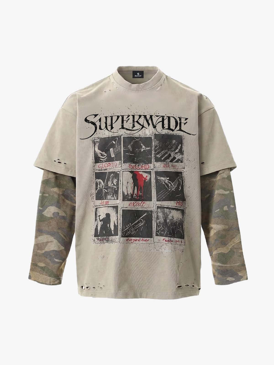 Jersey Distressed Camouflage Double Layered Graphic T-Shirt - 2420 