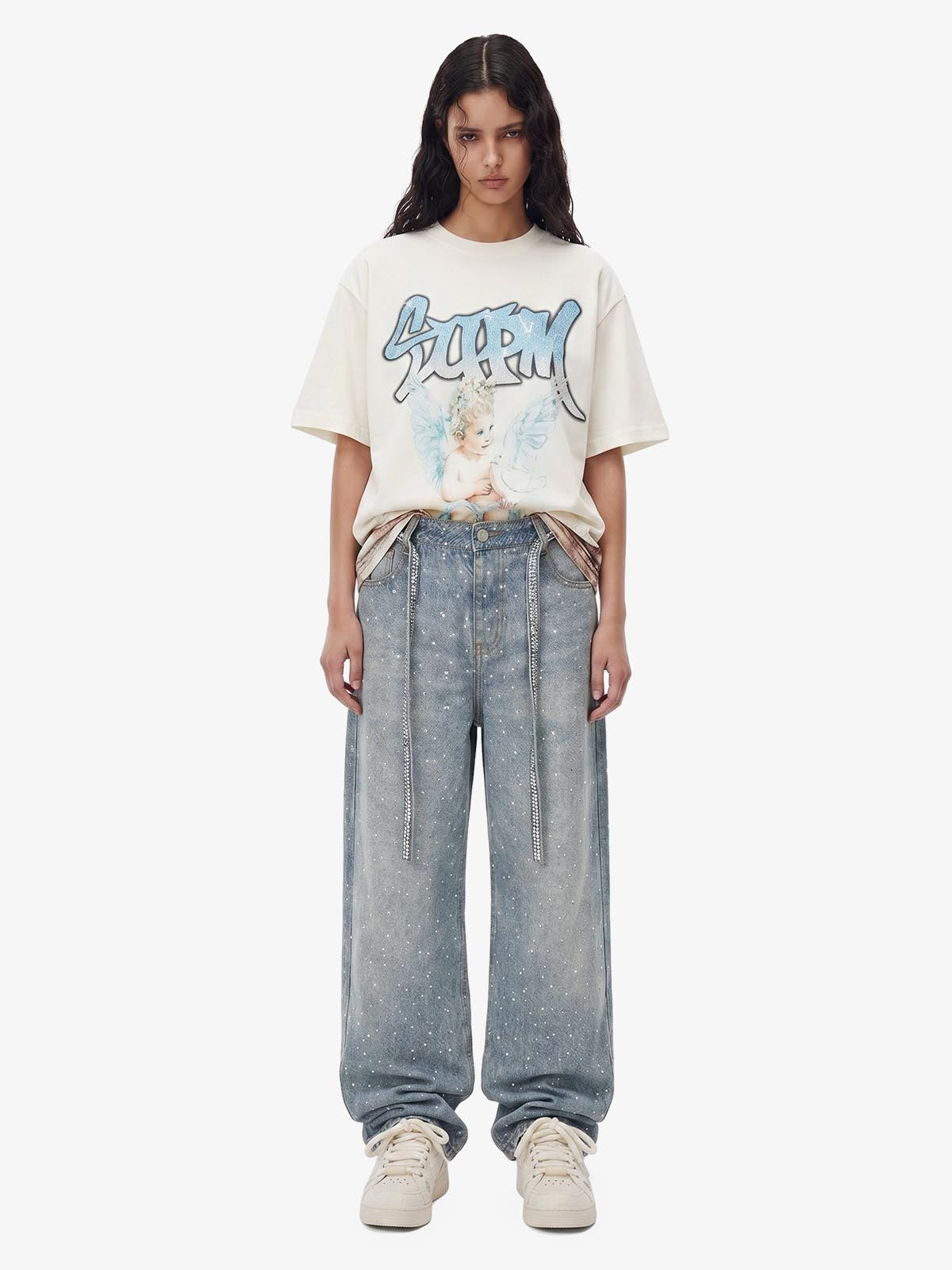 Denim Distressed Belt Diamond Decorated Jeans 
