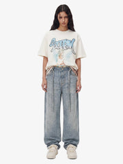Denim Distressed Belt Diamond Decorated Jeans 