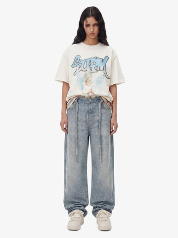 Denim Distressed Belt Diamond Decorated Jeans 