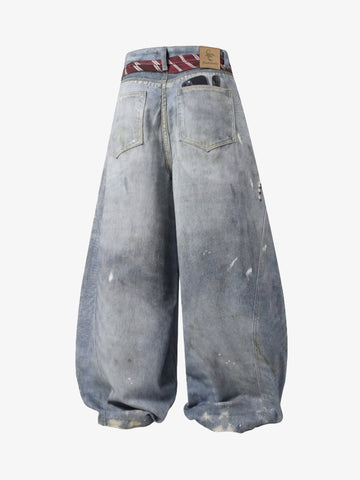 Tie Graphic Print Vintage Wash Wide Leg Denim Jeans