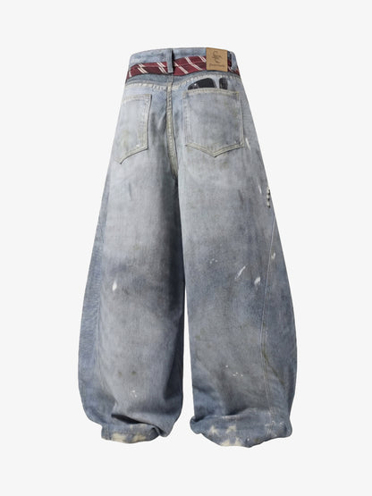 Tie Graphic Print Vintage Wash Wide Leg Denim Jeans