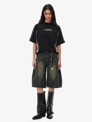 Curved Silhouette 3D Paneled Denim Shorts 