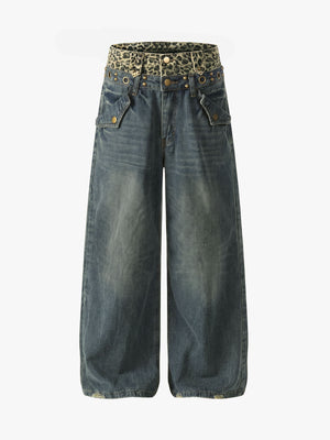 Y2K Double Waistband Leopard Print Wide Leg Jeans 