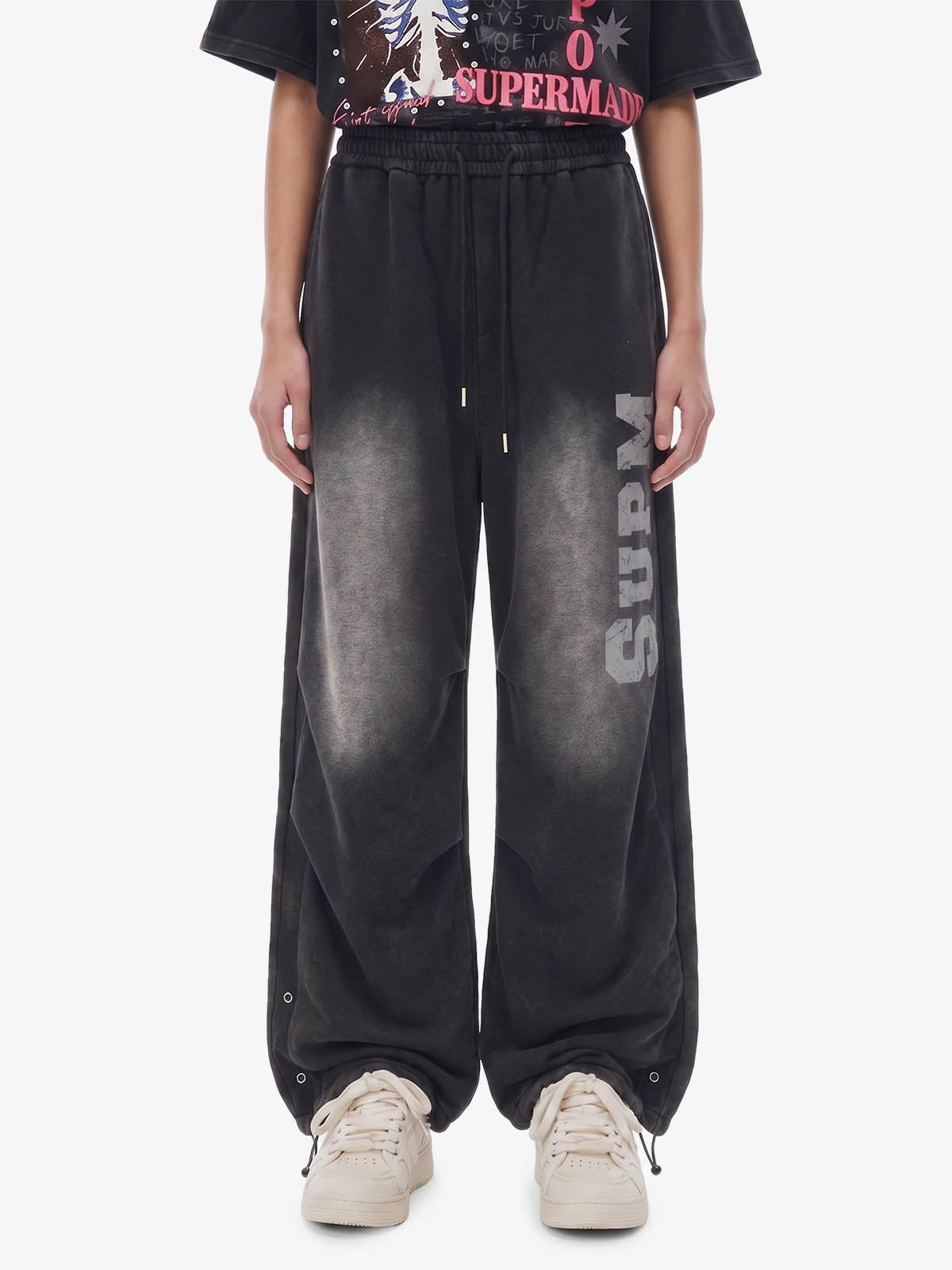 French Terry Distressed Gradient Drawstring Wide Leg Pants 