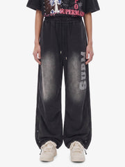 French Terry Distressed Gradient Drawstring Wide Leg Pants 