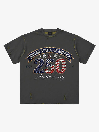 Rhinestone 250 Ripped Washed T-Shirt 