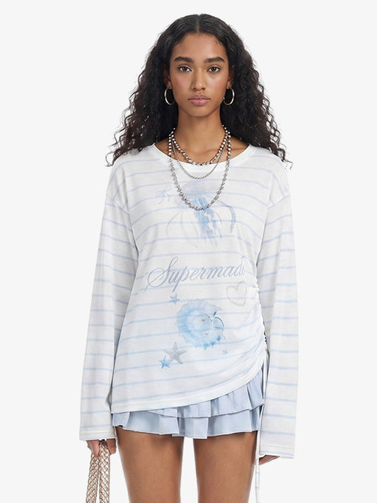 Side Drawstring Stripe Long Sleeve Layering T-Shirt 