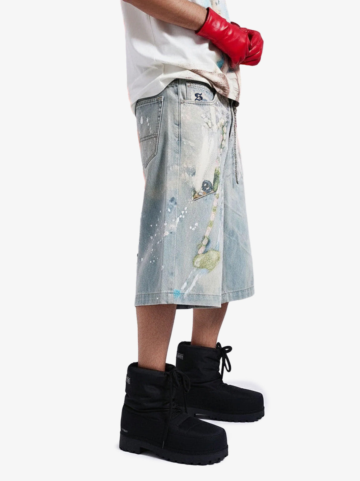 Jewelry Pearl Graphic Print 3D Effect Denim Shorts